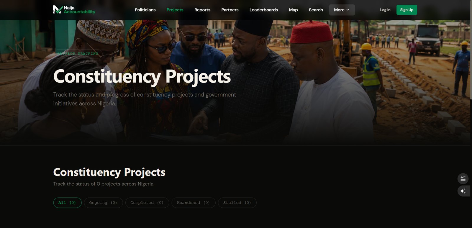 The Constituency Projects page, where citizens track government projects and their delivery status